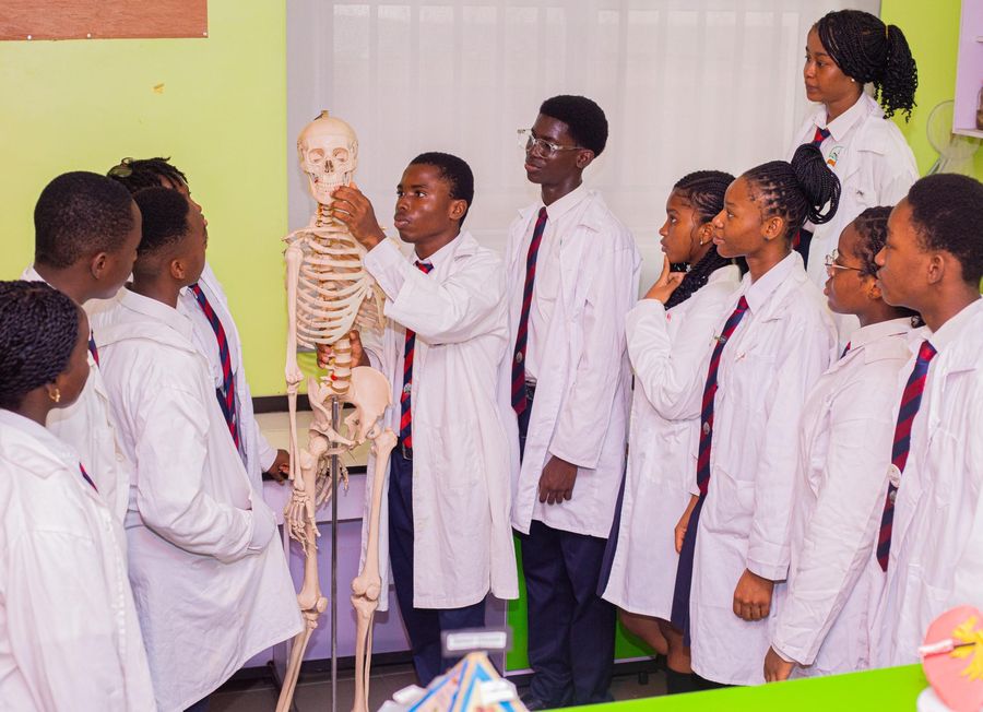 College students studying a skeleton model in a biology lesson